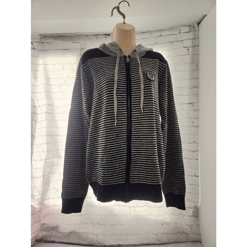 Ed Hardy Unisex Size Large Grey/Black Stripe Wool Blend Full Zip Hooded Sweater